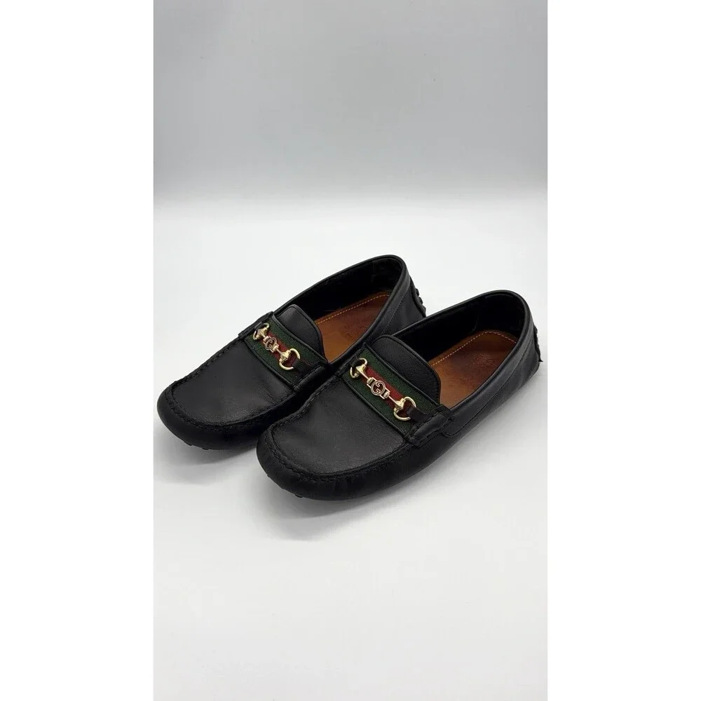 GUCCI Driver Men's Black Leather Horsebit With Web Loafers New UK 7 US 7.5